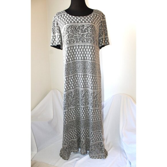 VTG Jessica Howard Silver metallic maxi Dress XL Short Sleeve Floral Lace Y2K - Picture 1 of 10